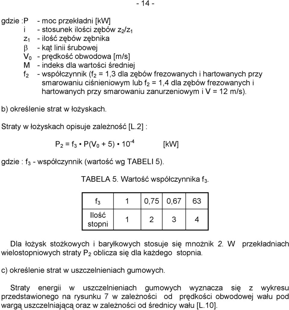 b) określenie strat w łożyskach. Straty w łożyskach opisuje zależność [L.2] : P 2 = f 3 P(V 0 + 5) 10-4 [kw] gdzie : f 3 - współczynnik (wartość wg TABELI 5). TABELA 5. Wartość współczynnika f 3.