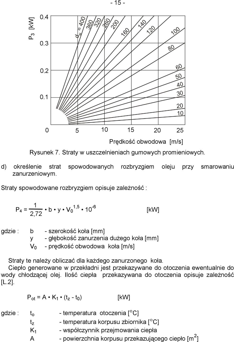 Straty spowodowane rozbryzgiem opisuje zależność : 1 1,5-6 P 4 = b y V 0 10 2,72 [kw] gdzie : b - szerokość koła [mm] y - głębokość zanurzenia dużego koła [mm] - prędkość obwodowa koła [m/s] V 0