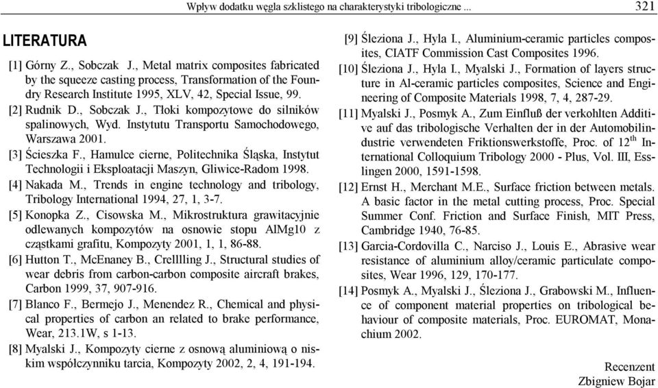 , Tłoki kompozytowe do silników spalinowych, Wyd. Instytutu Transportu Samochodowego, Warszawa 2001. [3] Ścieszka F.