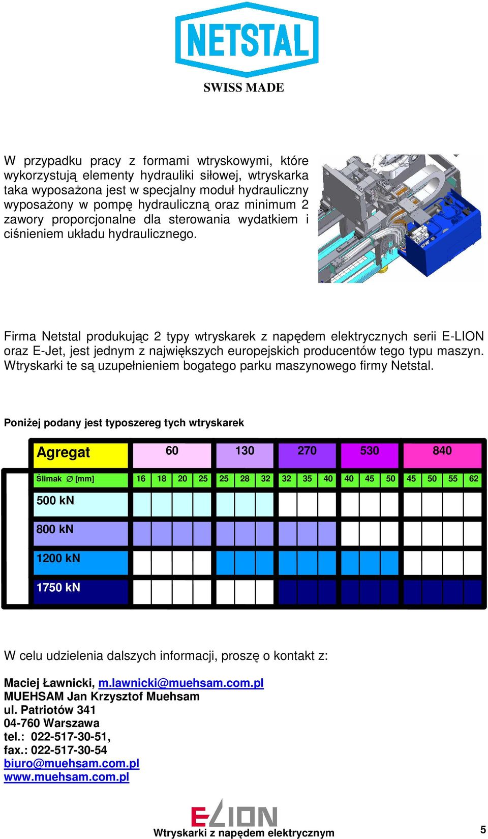 Firma Netstal produkując 2 typy wtryskarek z napędem elektrycznych serii E-LION oraz E-Jet, jest jednym z największych europejskich producentów tego typu maszyn.