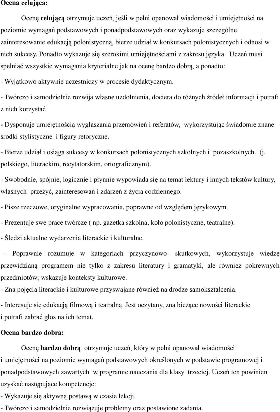 Uczeń musi spełniać wszystkie wymagania kryterialne jak na ocenę bardzo dobrą, a ponadto: - Wyjątkowo aktywnie uczestniczy w procesie dydaktycznym.