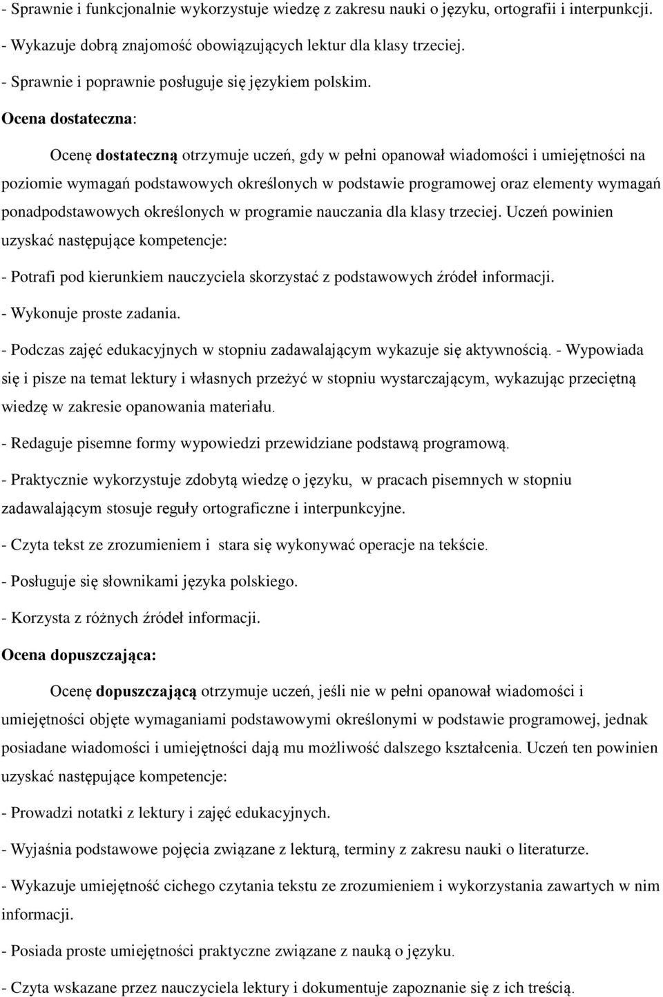 Ocena dostateczna: Ocenę dostateczną otrzymuje uczeń, gdy w pełni opanował wiadomości i umiejętności na poziomie wymagań podstawowych określonych w podstawie programowej oraz elementy wymagań