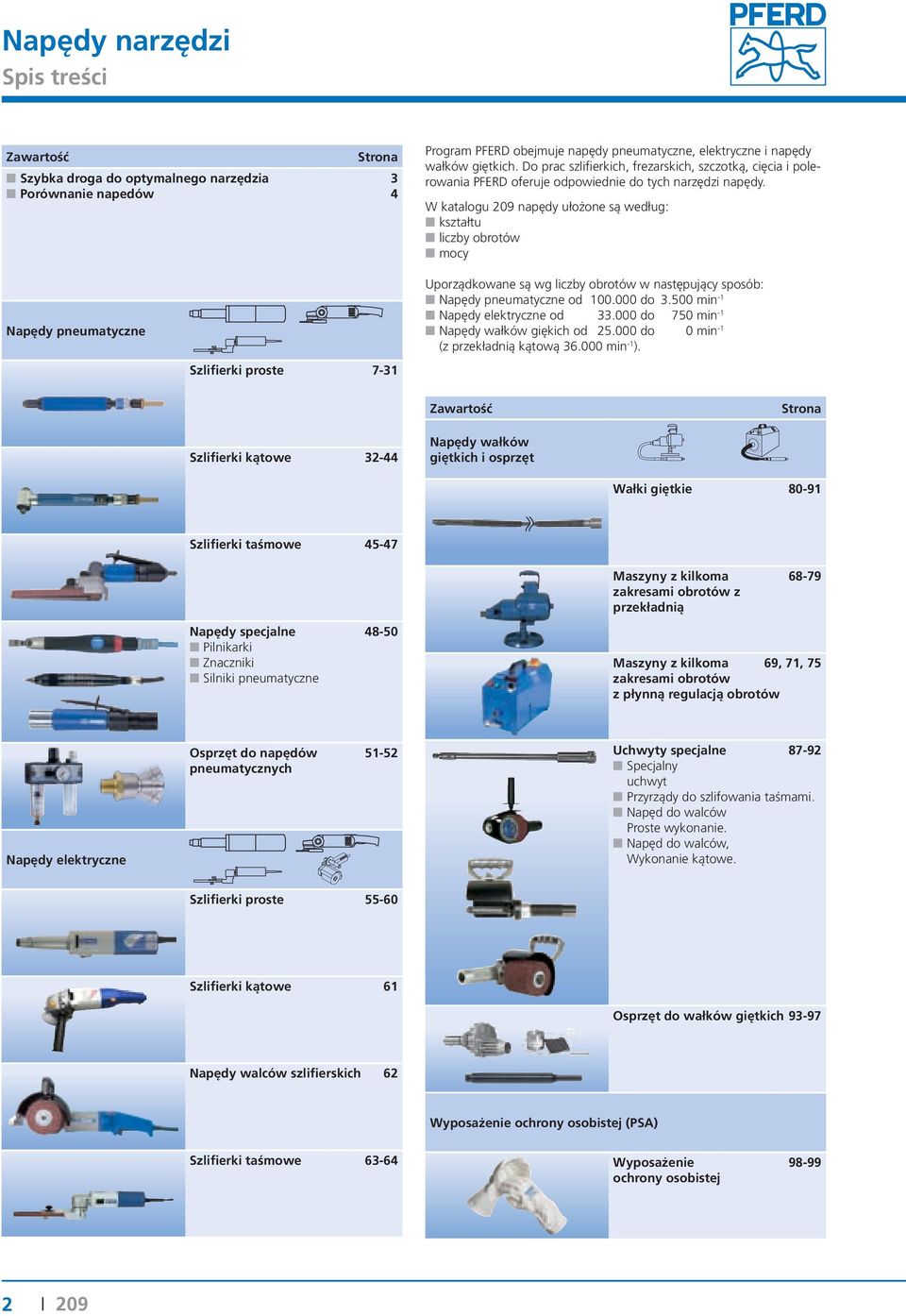 W katalogu 209 napędy ułożone są według: kształtu liczby obrotów mocy Napędy pneumatyczne Szlifierki proste 7-31 Uporządkowane są wg liczby obrotów w następujący sposób: Napędy pneumatyczne od 100.