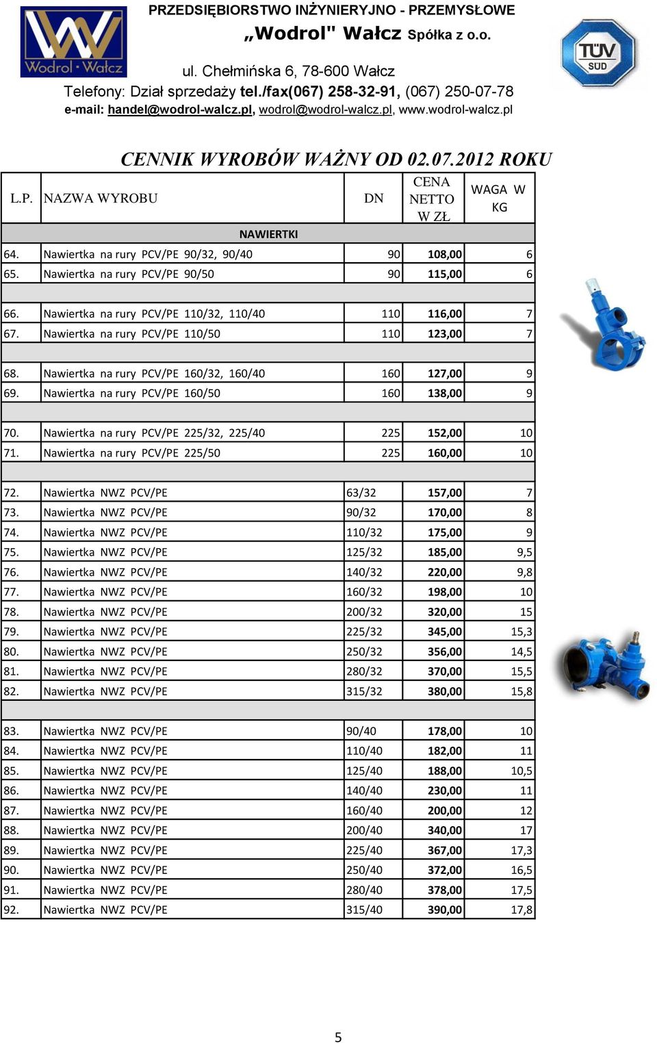 Nawiertka na rury PCV/PE 225/32, 225/40 225 152,00 10 71. Nawiertka na rury PCV/PE 225/50 225 160,00 10 72. Nawiertka NWZ PCV/PE 63/32 157,00 7 73. Nawiertka NWZ PCV/PE 90/32 170,00 8 74.