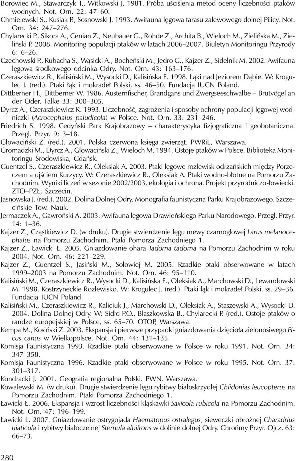Monitoring populacji ptaków w latach2006 2007. Biuletyn Monitoringu Przyrody 6: 6 26. Czechowski P., Rubacha S., Wąsicki A., Bocheński M., Jędro G., Kajzer Z., Sidelnik M. 2002.