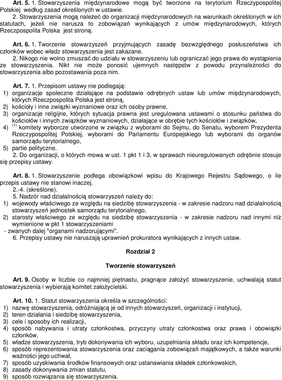 Polska jest stroną. Art. 6. 1. Tworzenie stowarzyszeń przyjmujących zasadę bezwzględnego posłuszeństwa ich członków wobec władz stowarzyszenia jest zakazane. 2.