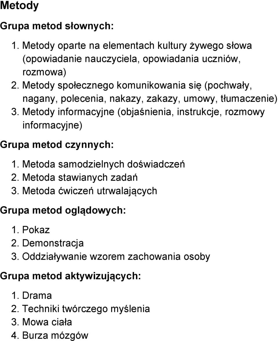 Metody informacyjne (objaśnienia, instrukcje, rozmowy informacyjne) Grupa metod czynnych: 1. Metoda samodzielnych doświadczeń 2. Metoda stawianych zadań 3.