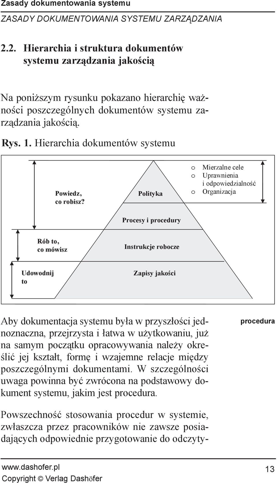 Polityka o Mierzalne cele o Uprawnienia i odpowiedzialnoœæ o Organizacja Procesy i procedury Rób to, co mówisz Instrukcje robocze Udowodnij to Zapisy jakoœci Aby dokumentacja systemu by³a w