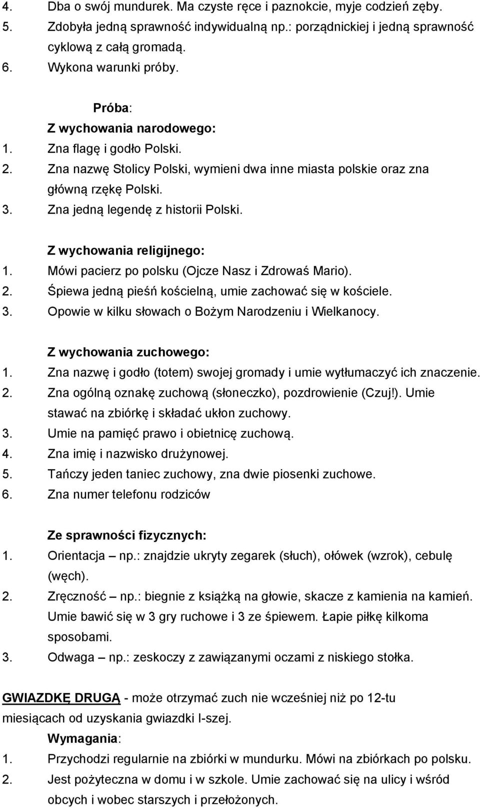 Z wychowania religijnego: 1. Mówi pacierz po polsku (Ojcze Nasz i Zdrowaś Mario). 2. Śpiewa jedną pieśń kościelną, umie zachować się w kościele. 3.