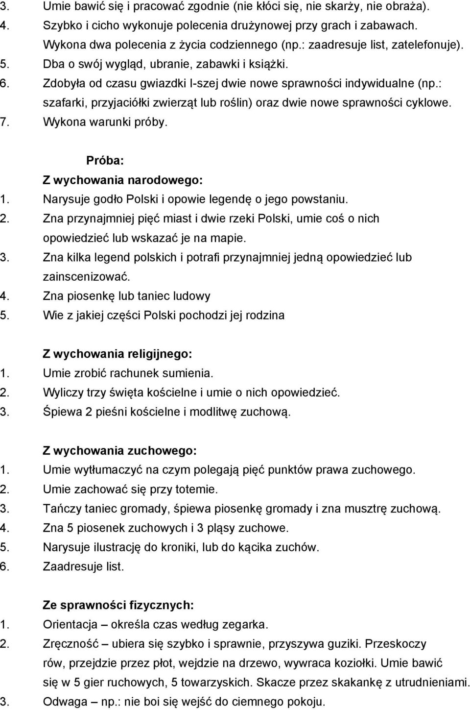 : szafarki, przyjaciółki zwierząt lub roślin) oraz dwie nowe sprawności cyklowe. 7. Wykona warunki próby. Próba: Z wychowania narodowego: 1. Narysuje godło Polski i opowie legendę o jego powstaniu. 2.