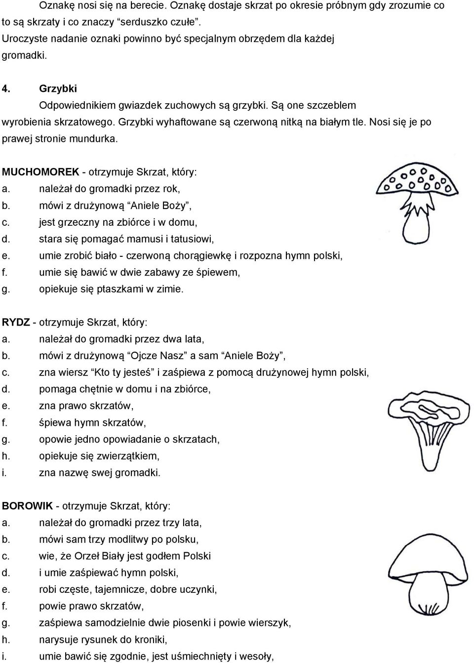 Grzybki wyhaftowane są czerwoną nitką na białym tle. Nosi się je po prawej stronie mundurka. MUCHOMOREK - otrzymuje Skrzat, który: a. należał do gromadki przez rok, b. mówi z drużynową Aniele Boży, c.
