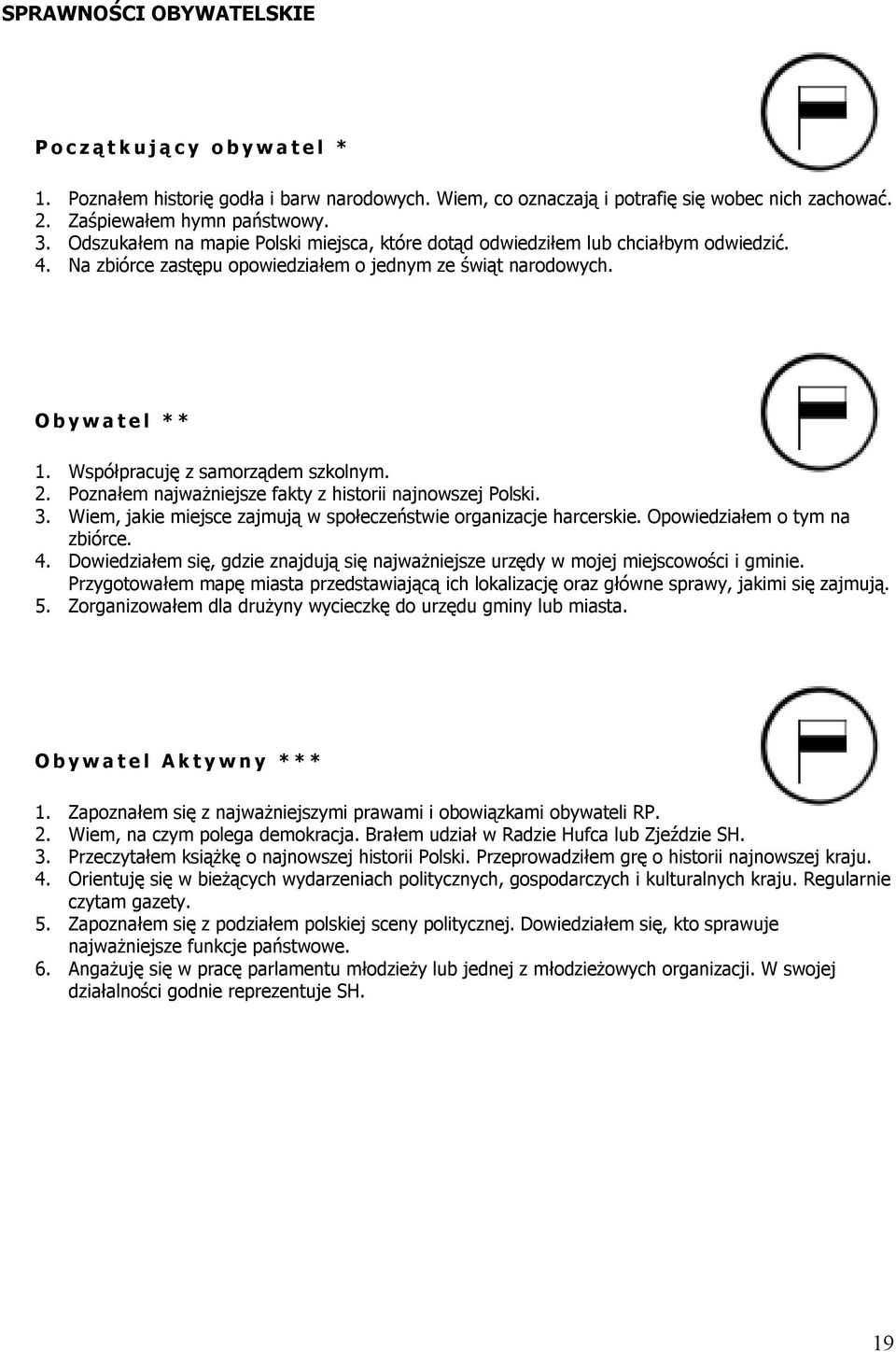 Współpracuję z samorządem szkolnym. 2. Poznałem najważniejsze fakty z historii najnowszej Polski. 3. Wiem, jakie miejsce zajmują w społeczeństwie organizacje harcerskie.