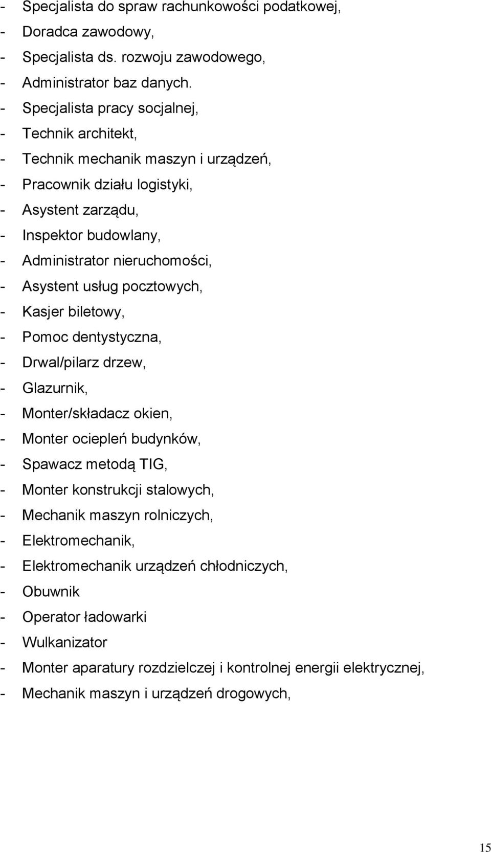 Asystent usług pocztowych, - Kasjer biletowy, - Pomoc dentystyczna, - Drwal/pilarz drzew, - Glazurnik, - Monter/składacz okien, - Monter ociepleń budynków, - Spawacz metodą TIG, - Monter