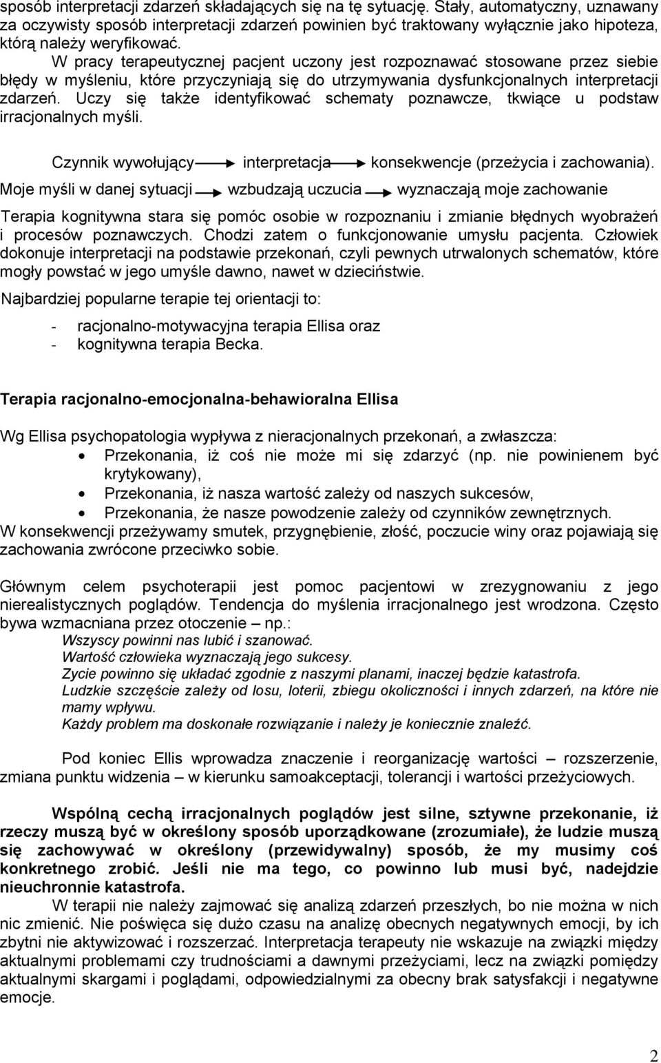 W pracy terapeutycznej pacjent uczony jest rozpoznawać stosowane przez siebie błędy w myśleniu, które przyczyniają się do utrzymywania dysfunkcjonalnych interpretacji zdarzeń.