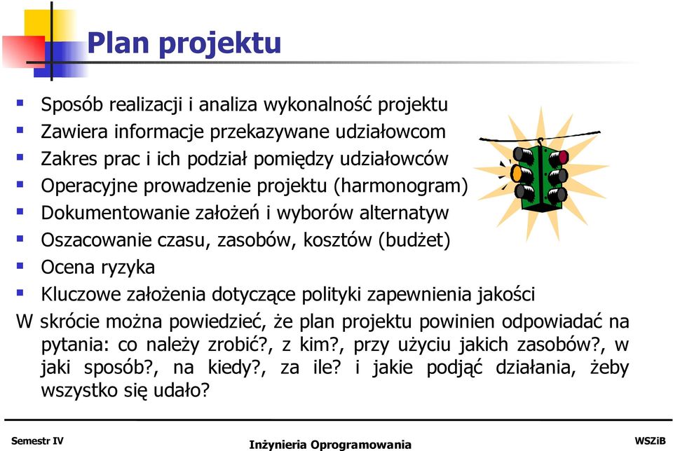 (budżet) Ocena ryzyka Kluczowe założenia dotyczące polityki zapewnienia jakości W skrócie można powiedzieć, że plan projektu powinien odpowiadać