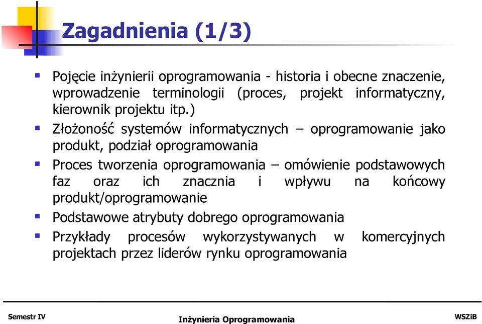 ) Złożoność systemów informatycznych oprogramowanie jako produkt, podział oprogramowania Proces tworzenia oprogramowania