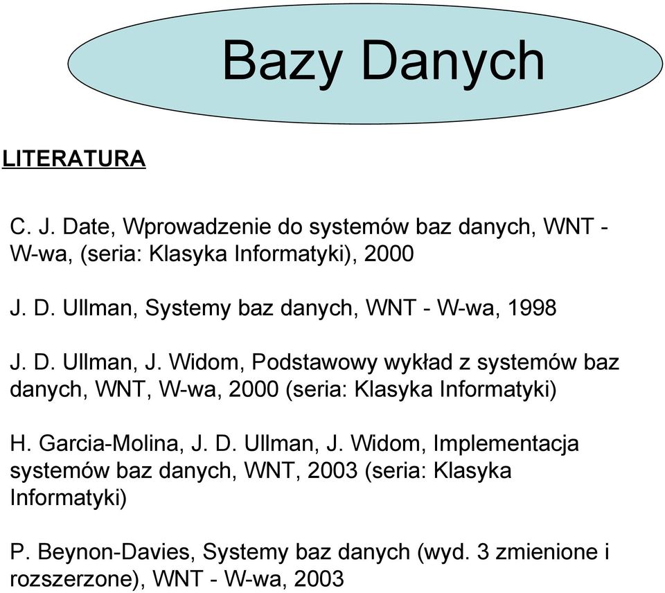 Widom, Podstawowy wykład z systemów baz danych, WNT, W-wa, 2000 (seria: Klasyka Informatyki) H. Garcia-Molina, J. D.