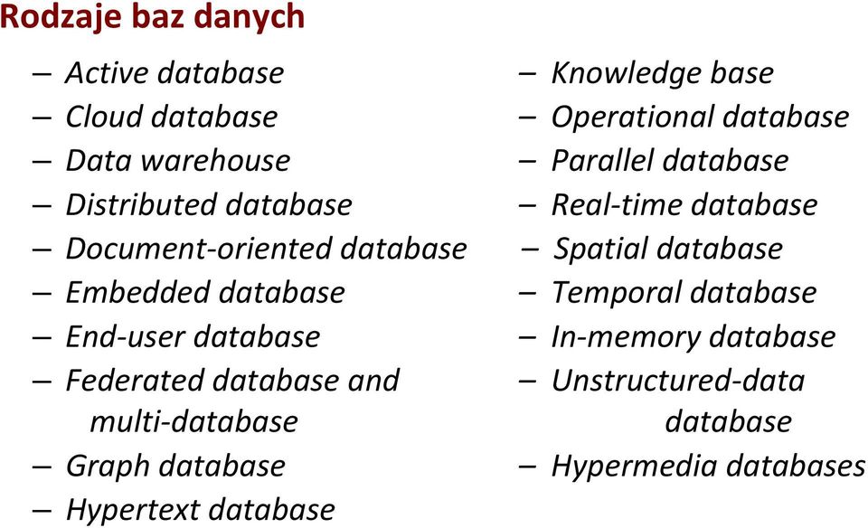 Spatial database Embedded database Temporal database End user database In memory database