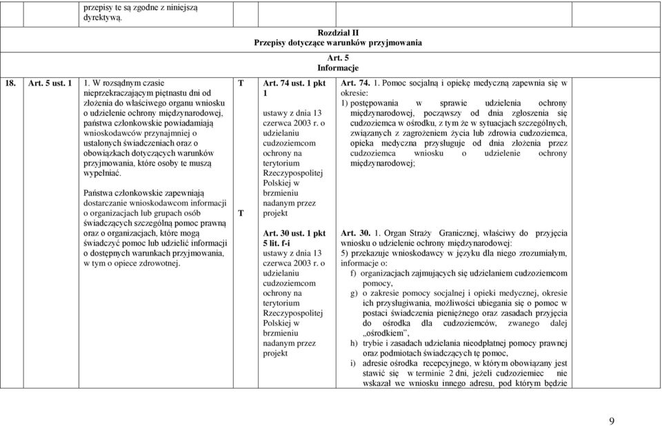 ustalonych świadczeniach oraz o obowiązkach dotyczących warunków przyjmowania, które osoby te muszą wypełniać.