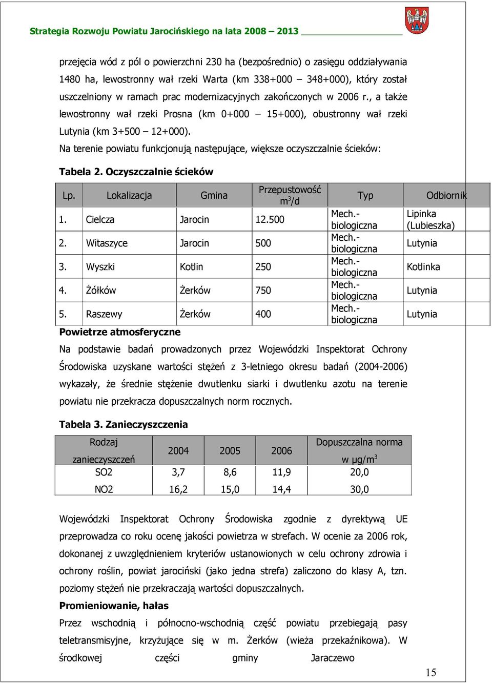 Na terenie powiatu funkcjonują następujące, większe oczyszczalnie ścieków: Tabela 2. Oczyszczalnie ścieków Lp. Lokalizacja Gmina 1. Cielcza Jarocin 12.500 2. Witaszyce Jarocin 500 3.