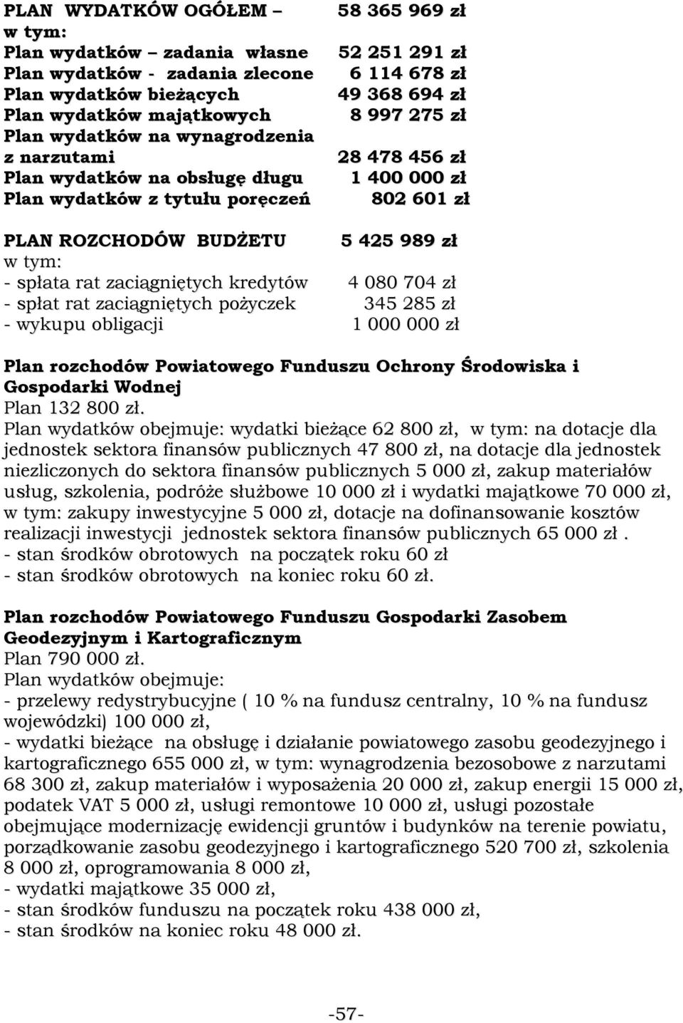 spłata rat zaciągniętych kredytów 4 080 704 zł - spłat rat zaciągniętych poŝyczek 345 285 zł - wykupu obligacji 1 000 000 zł Plan rozchodów Powiatowego Funduszu Ochrony Środowiska i Gospodarki Wodnej