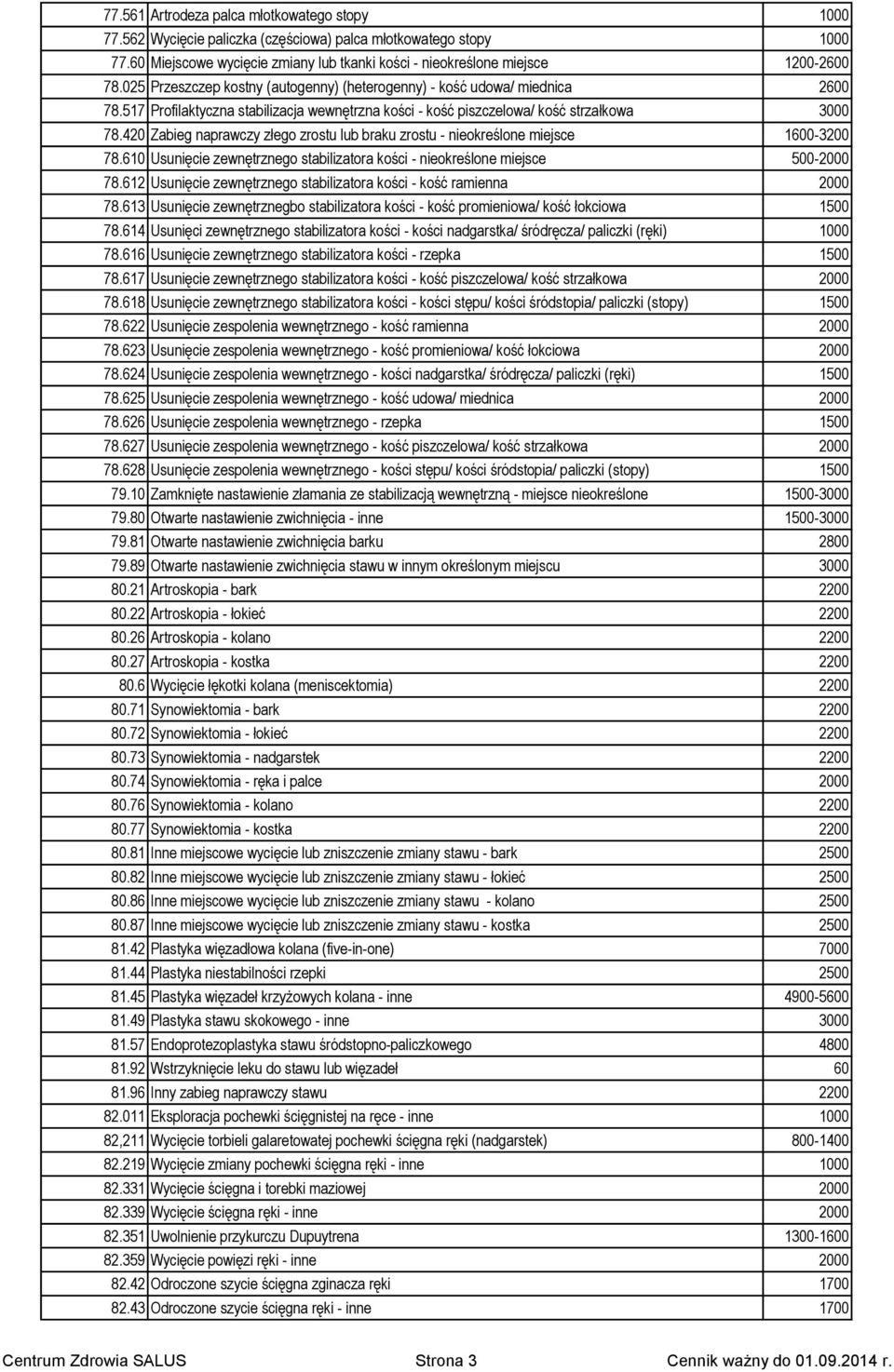 420 Zabieg naprawczy złego zrostu lub braku zrostu - nieokreślone miejsce 1600-3200 78.610 Usunięcie zewnętrznego stabilizatora kości - nieokreślone miejsce 500-2000 78.