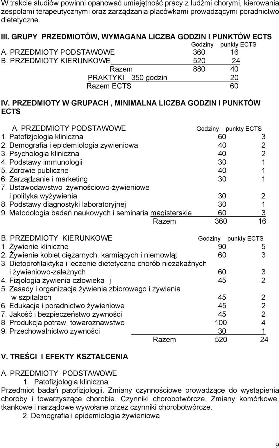 PRZEDMIOTY W GRUPACH, MINIMALNA LICZBA GODZIN I PUNKTÓW ECTS A. PRZEDMIOTY PODSTAWOWE Godziny punkty ECTS 1. Patofizjologia kliniczna 60 3 2. Demografia i epidemiologia żywieniowa 40 2 3.