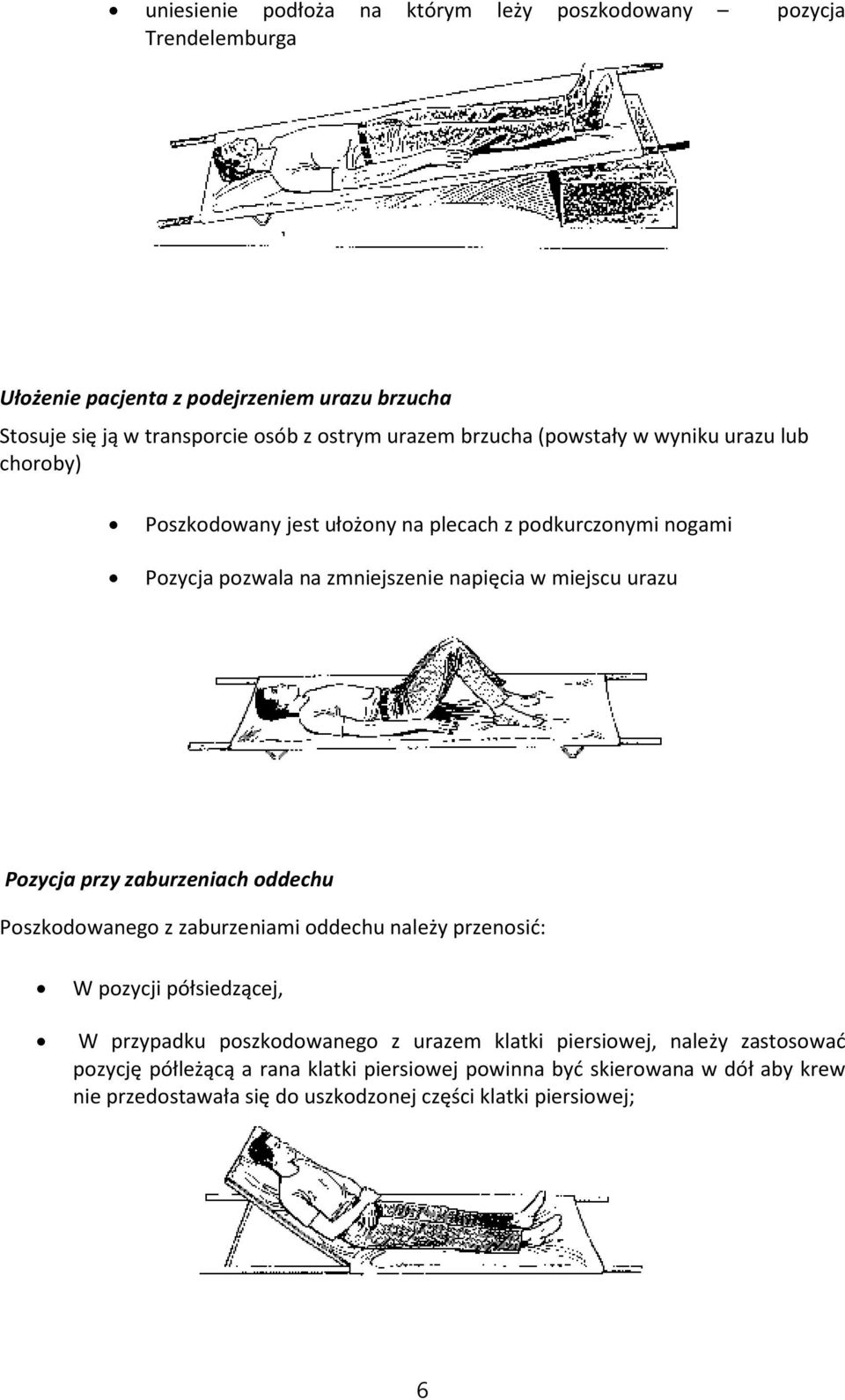 urazu Pozycja przy zaburzeniach oddechu Poszkodowanego z zaburzeniami oddechu należy przenosić: W pozycji półsiedzącej, W przypadku poszkodowanego z urazem klatki