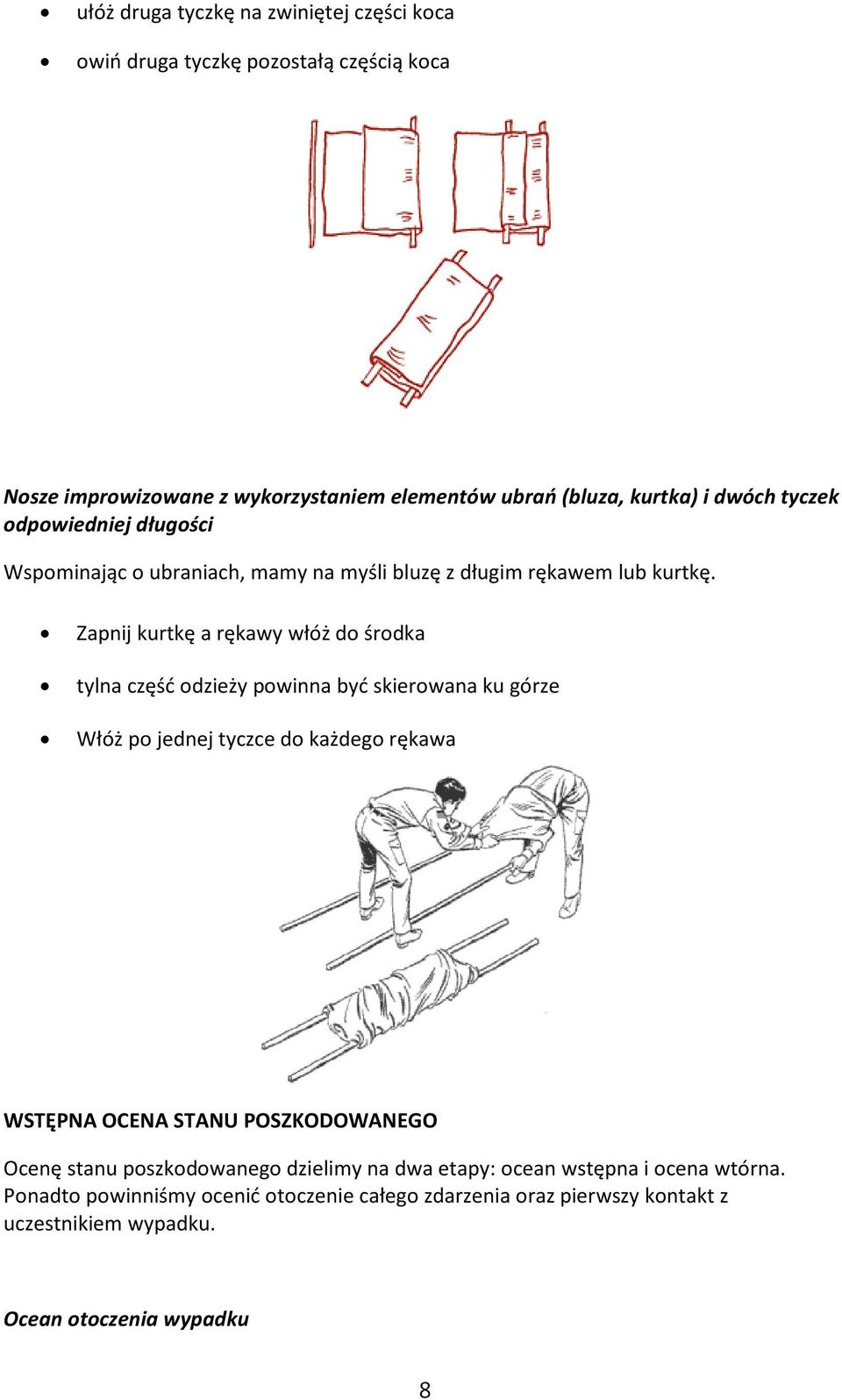 Zapnij kurtkę a rękawy włóż do środka tylna część odzieży powinna być skierowana ku górze Włóż po jednej tyczce do każdego rękawa WSTĘPNA OCENA STANU