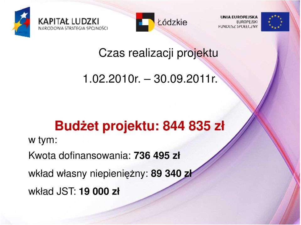 BudŜet projektu: 844 835 zł w tym: Kwota