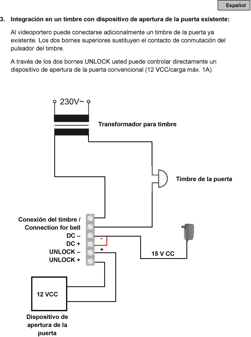 A través de los dos bornes UNLOCK usted puede controlar directamente un dispositivo de apertura de la puerta convencional (12