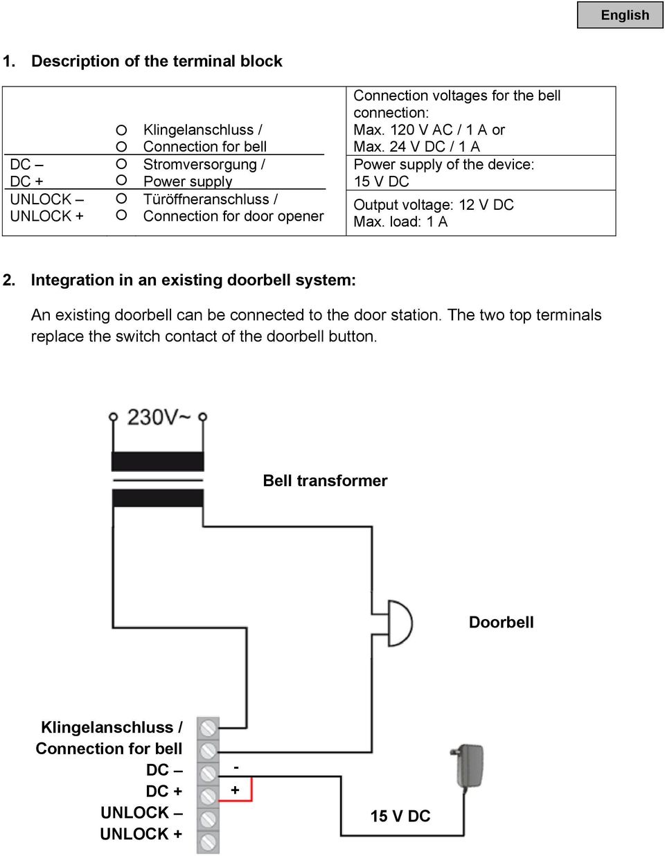 Connection voltages for the bell connection: Max. 120 V AC / 1 A or Max.