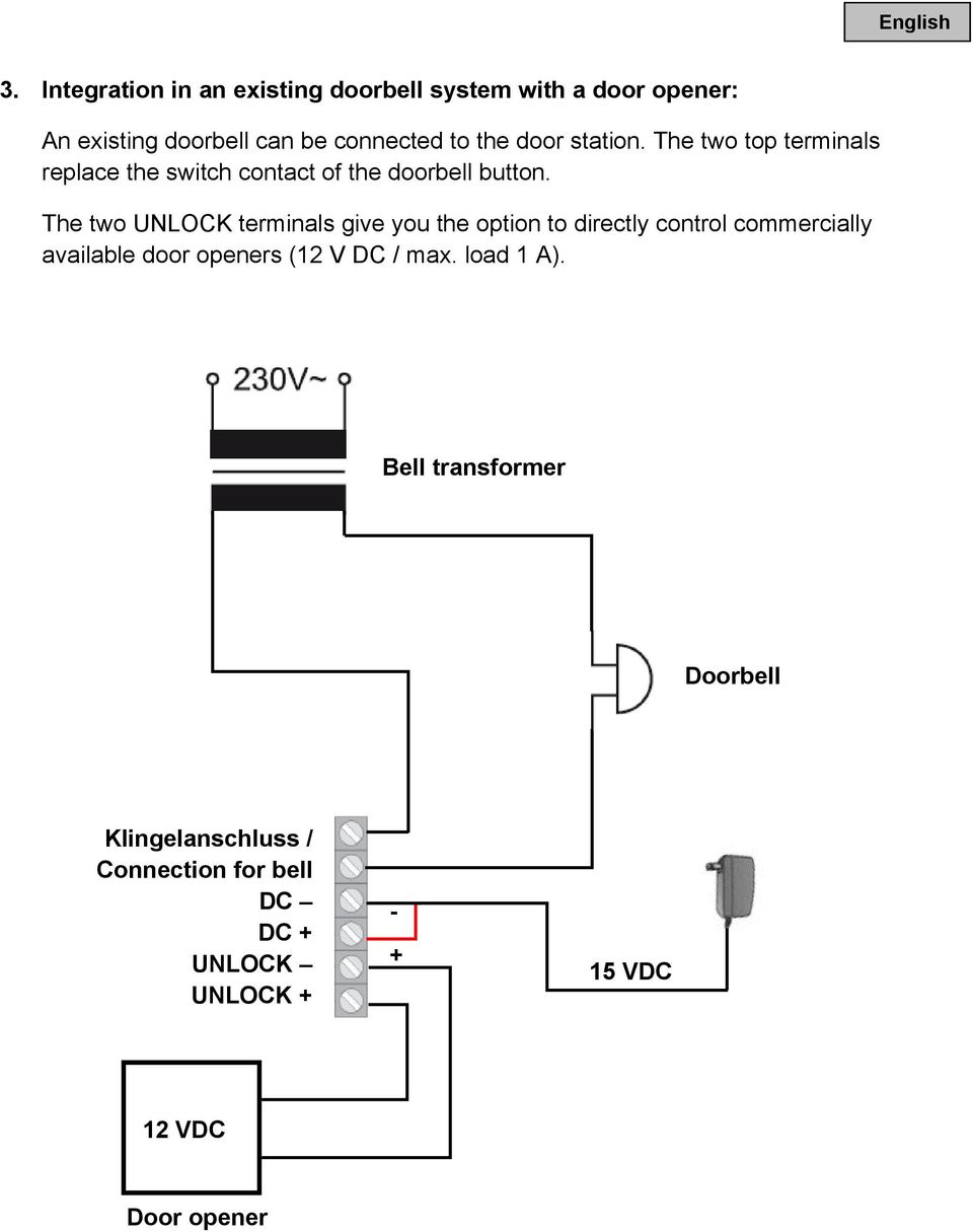 to the door station. The two top terminals replace the switch contact of the doorbell button.