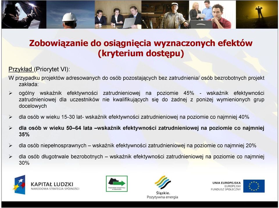 grup docelowych dla osób w wieku 15-30 lat- wskaźnik efektywności zatrudnieniowej na poziomie co najmniej 40% dla osób w wieku 50 64 lata wskaźnik efektywności zatrudnieniowej na poziomie co