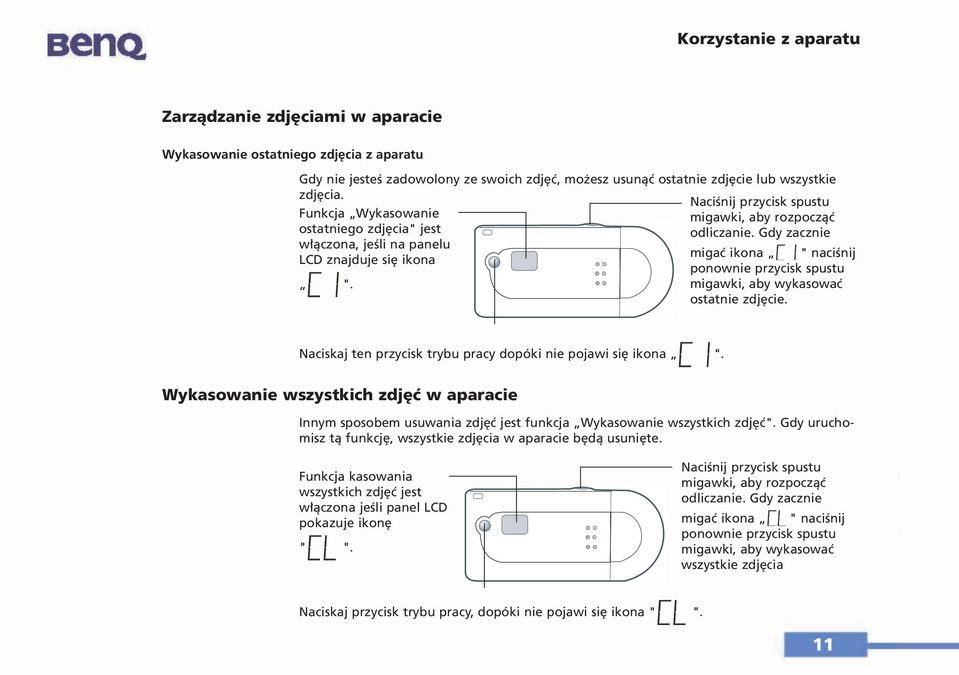 Gdy zacznie włączona, jeśli na panelu migać ikona " naciśnij LCD znajduje się ikona ponownie przycisk spustu ". migawki, aby wykasować ostatnie zdjęcie.