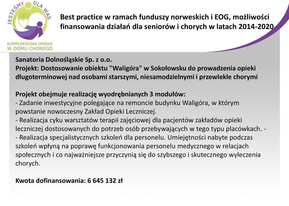 liwości finansowania działań dla seniorów i chorych w latach 2014-2020 Sanatoria Dolnośląskie Sp. z o.o. Projekt: Dostosowanie obiektu "Waligóra" w Sokołowsku do prowadzenia opieki długoterminowej