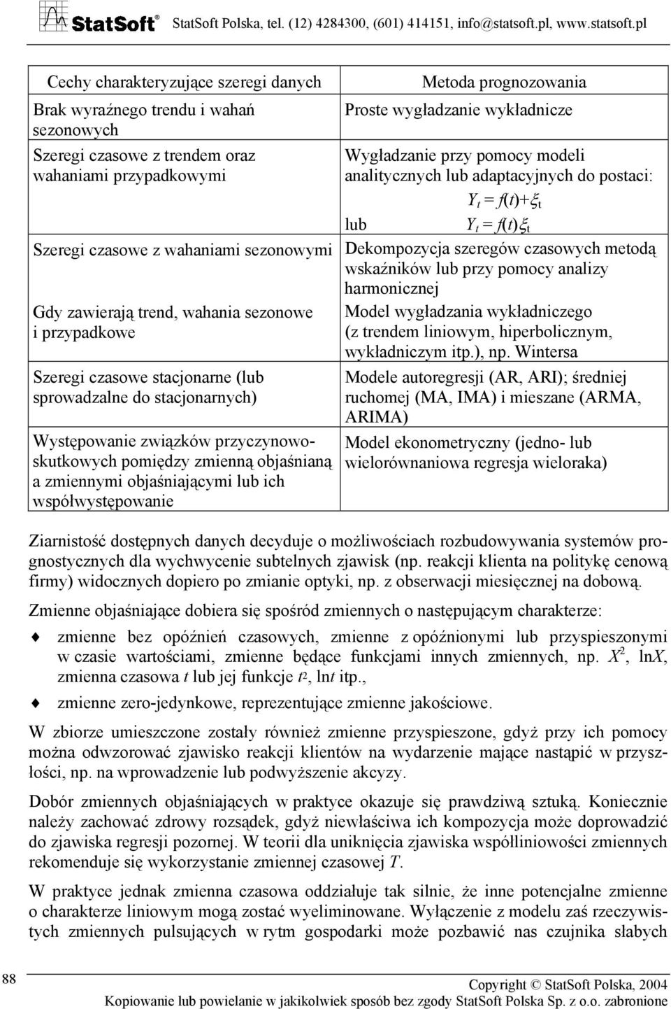 ich współwystępowanie Metoda prognozowania Proste wygładzanie wykładnicze Wygładzanie przy pomocy modeli analitycznych lub adaptacyjnych do postaci: Y t = f(t)+ξ t lub Y t = f(t)ξ t Dekompozycja