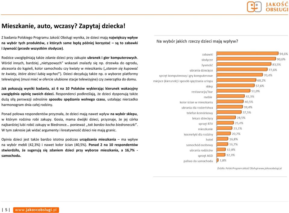 Rodzice uwzględniają także zdanie dzieci przy zakupie ubranek i gier komputerowych. Wśród innych, bardziej nietypowych wskazań znalazły się np.