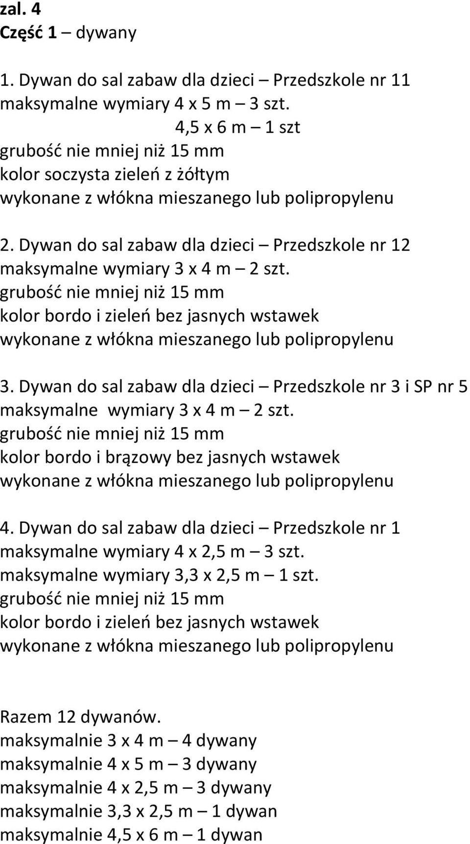 Dywan do sal zabaw dla dzieci Przedszkole nr 12 maksymalne wymiary 3 x 4 m 2 szt. grubość nie mniej niż 15 mm kolor bordo i zieleń bez jasnych wstawek wykonane z włókna mieszanego lub polipropylenu 3.