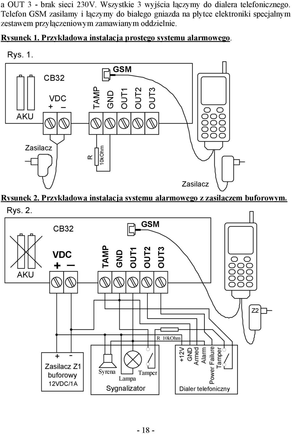 Przykładowa instalacja prostego systemu alarmowego. Rys. 1. CB32 GSM AKU VDC _ + TAMP GND OUT1 OUT2 OUT3 Zasilacz R 10kOhm Zasilacz Rysunek 2.