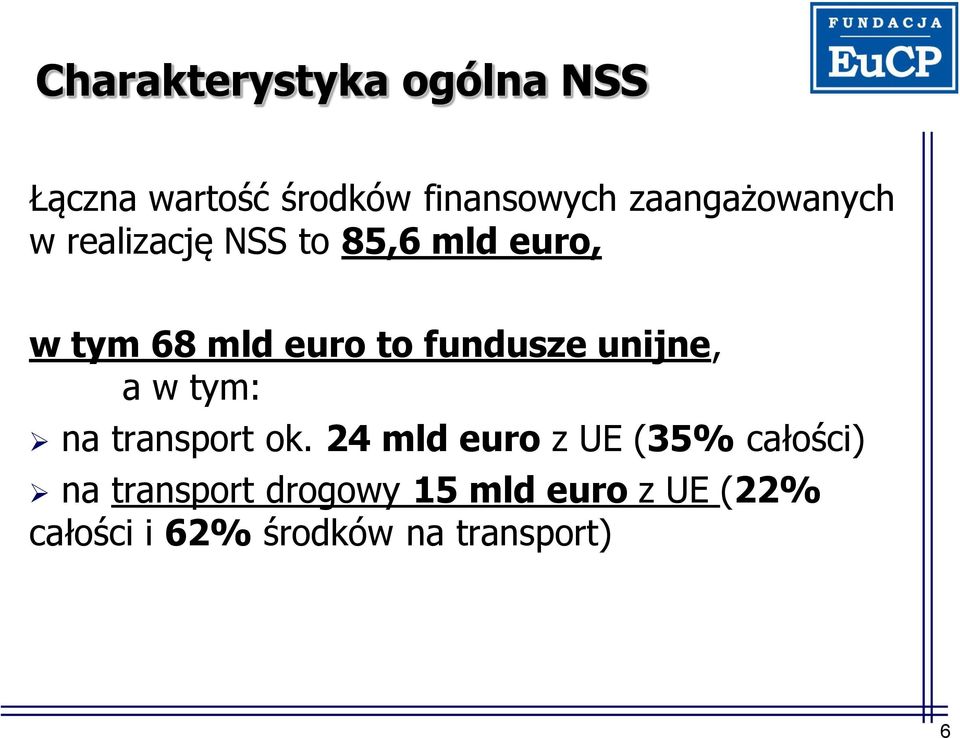 fundusze unijne, a w tym: na transport ok.