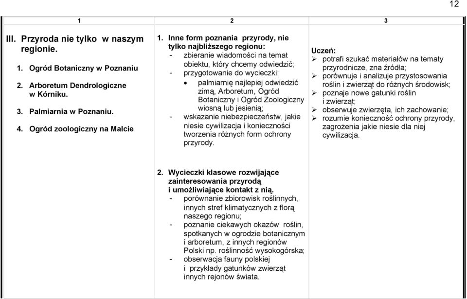 Arboretum, Ogród Botaniczny i Ogród Zoologiczny wiosną lub jesienią; - wskazanie niebezpieczeństw, jakie niesie cywilizacja i konieczności tworzenia różnych form ochrony przyrody.