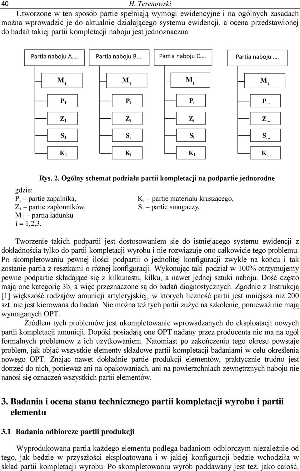 Ogólny schemat podziału partii kompletacji na podpartie jednorodne gdzie: P i partie zapalnika, K i partie materiału kruszącego, Z i partie zapłonników, S i partie smugaczy, partia ładunku i = 1,2,3.