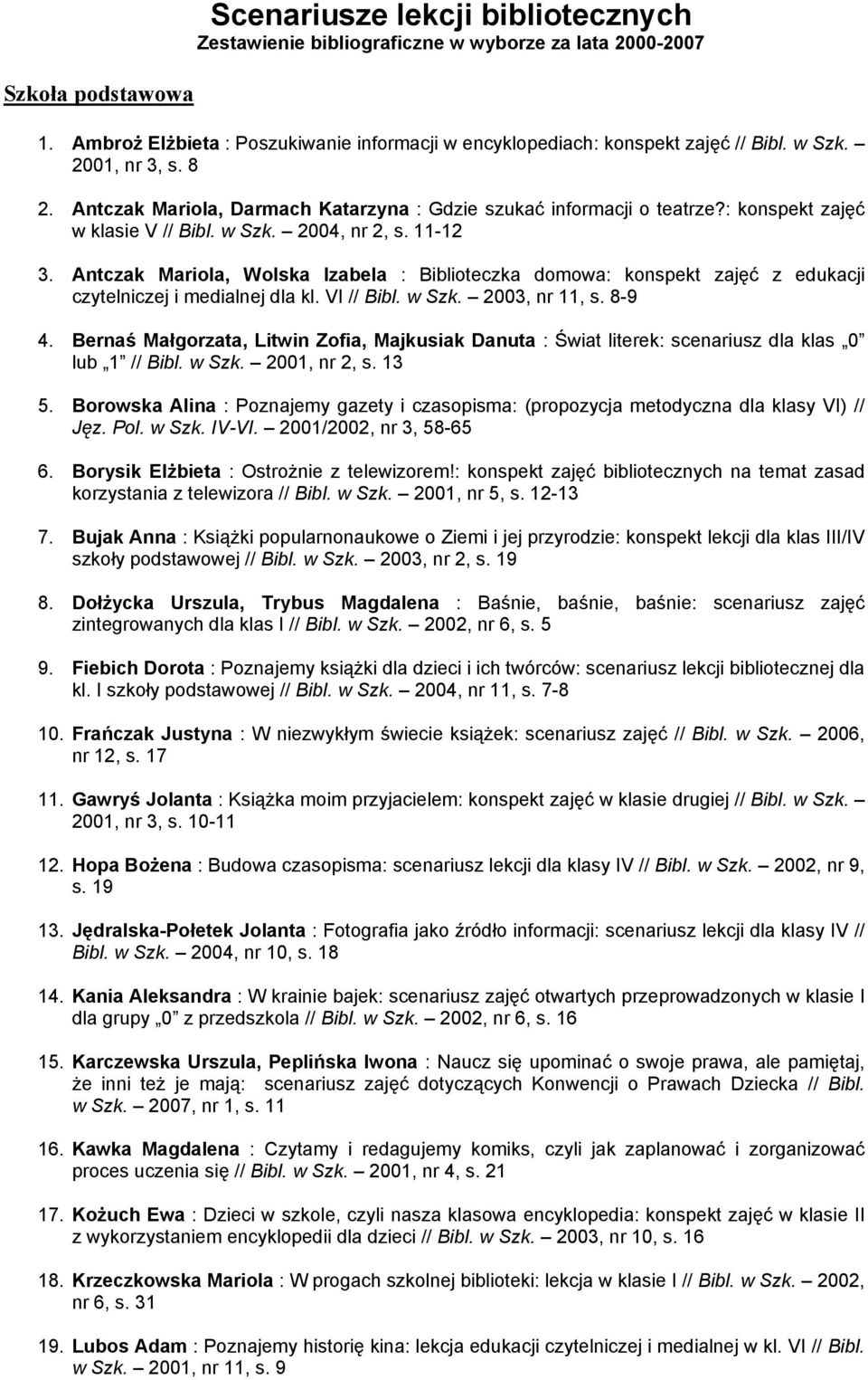 Antczak Mariola, Wolska Izabela : Biblioteczka domowa: konspekt zajęć z edukacji czytelniczej i medialnej dla kl. VI // Bibl. w Szk. 2003, nr 11, s. 8-9 4.