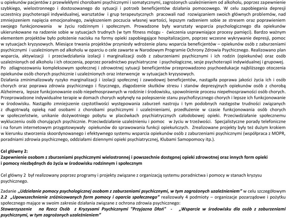 W celu zapobiegania depresji uczestnicy psychoterapii indywidualnej, warsztatów i grup terapeutycznych pracowali nad rozwiązaniem swoich głównych problemów, nad zmniejszeniem napięcia emocjonalnego,