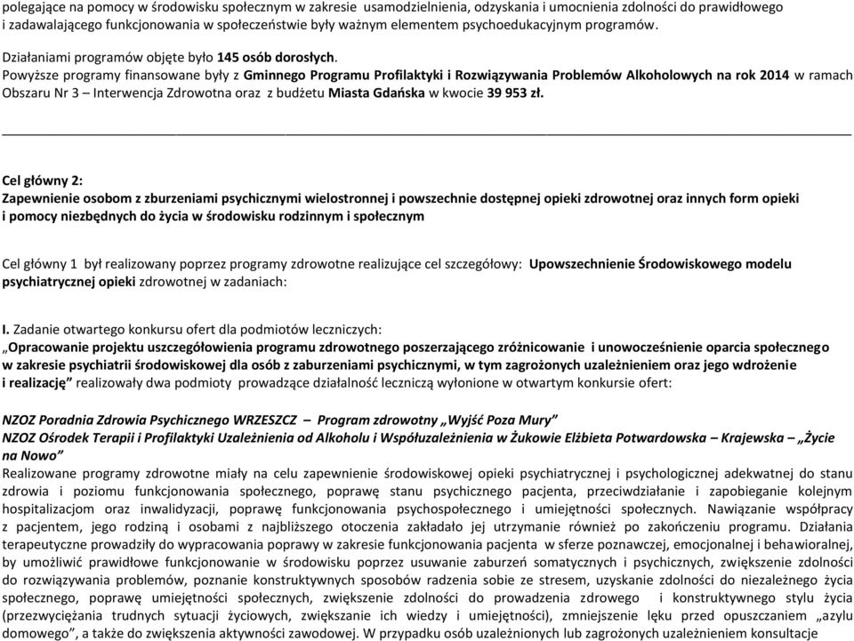 Powyższe programy finansowane były z Gminnego Programu Profilaktyki i Rozwiązywania Problemów Alkoholowych na rok 2014 w ramach Obszaru Nr 3 Interwencja Zdrowotna oraz z budżetu Miasta Gdańska w