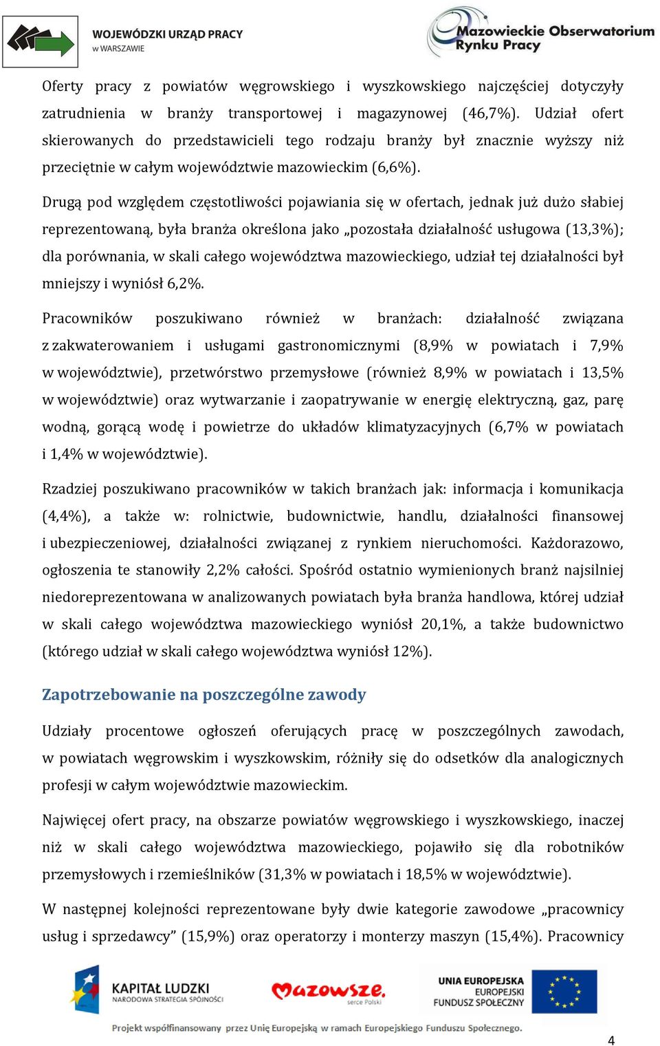 Drugą pod względem częstotliwości pojawiania się w ofertach, jednak już dużo słabiej reprezentowaną, była branża określona jako pozostała działalność usługowa (13,3%); dla porównania, w skali całego