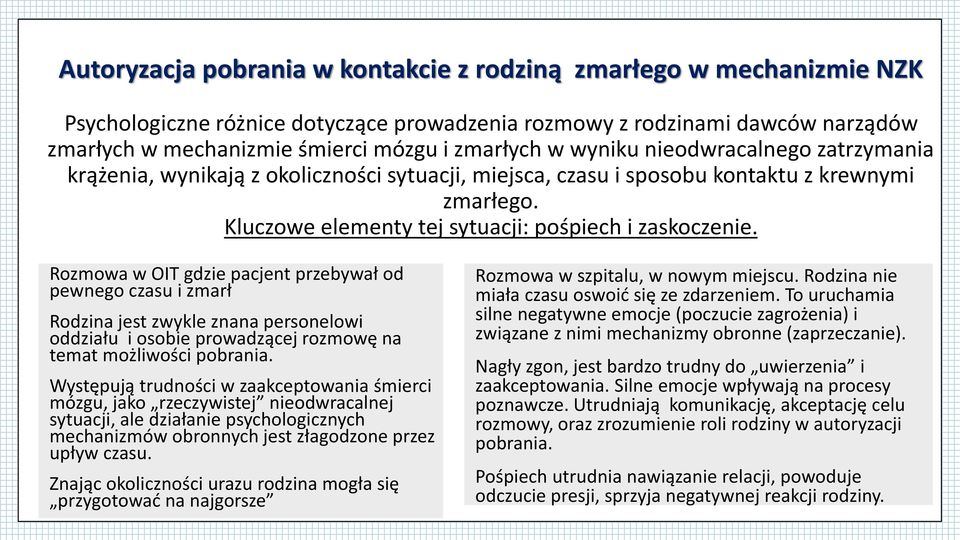 Rozmowa w OIT gdzie pacjent przebywał od pewnego czasu i zmarł Rodzina jest zwykle znana personelowi oddziału i osobie prowadzącej rozmowę na temat możliwości pobrania.