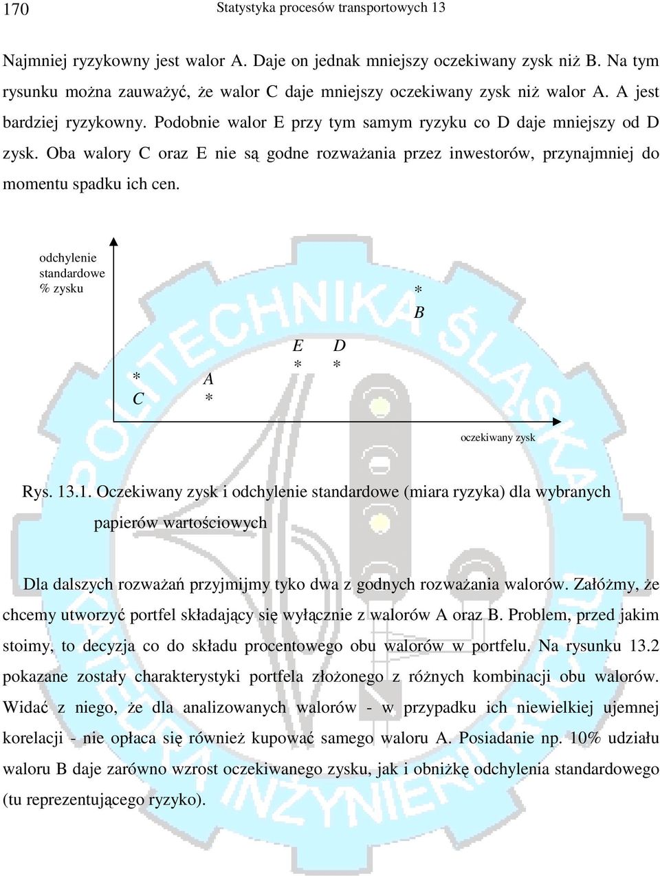 Oba walory C oraz E nie są godne rozważania przez inwestorów, przynajmniej do momentu spadku ich cen. odchylenie standardowe % zysku * B * C A * E D * * oczekiwany zysk Rys. 13