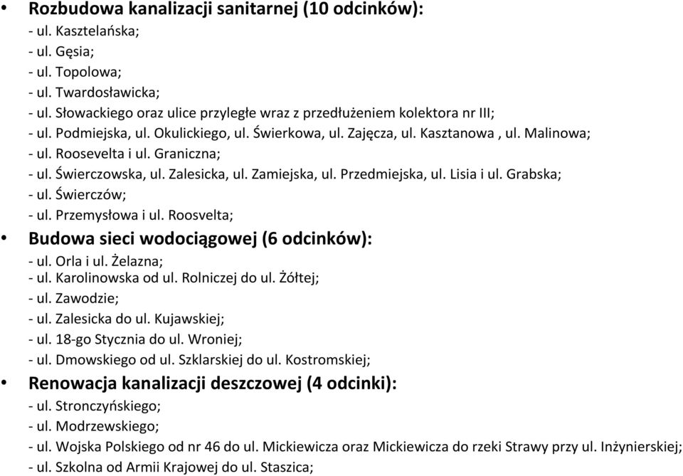 Lisia i ul. Grabska; -ul. Świerczów; - ul. Przemysłowa i ul. Roosvelta; Budowa sieci wodociągowej (6 odcinków): -ul. Orla i ul. Żelazna; - ul. Karolinowska od ul. Rolniczej do ul. Żółtej; -ul.